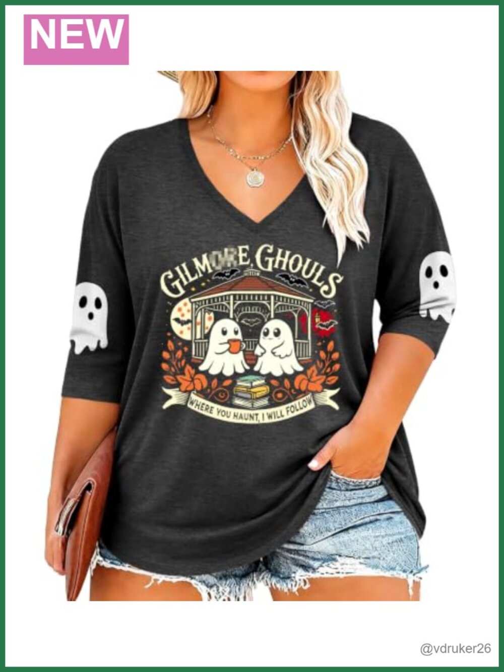 Plus Size Halloween 3/4 Sleeve V-Neck T-Shirt Spooky Ghost Pumpkin Tee
